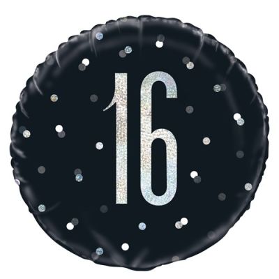 Foil balloon glitz black&silver ’16’ (Ø45cm)